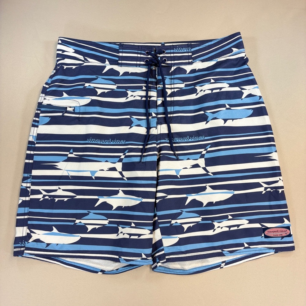 Vineyard Vines Board Shorts Mens 32 Blue Shark Stripe 9" Swim Trunks Beach EUC